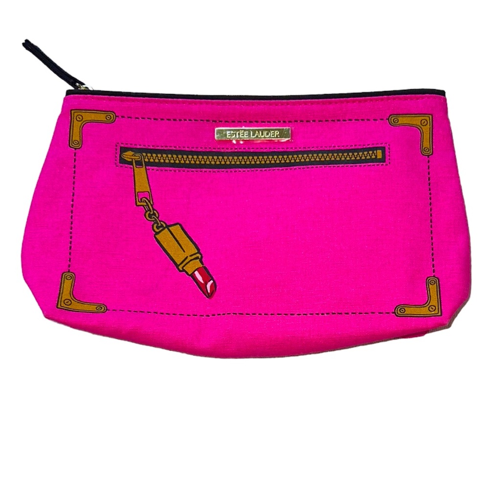 Estee Lauter, pink zippered make up pouch with stickers